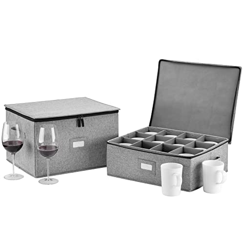 Wine Glass Storage and Cup Storage Case - Set of 2 Stackable Containers with Fully Padded Interior and Outside Hard Shell - 12pcs per Box with Insert Cards for Labelling and Side Handles - style: Cup + Wine Glass Storage