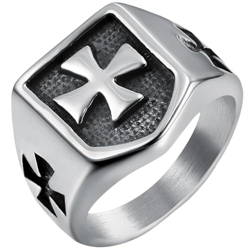 JUDE Retro Vintage Stainless Steel Crusade Cross Signet Style Cocktail Party Biker Ring