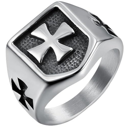 JUDE Retro Vintage Stainless Steel Crusade Cross Signet Style Cocktail Party Biker Ring