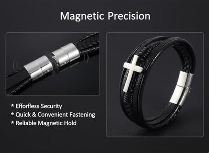 Stainless Steel Braided Leather Bracelet for Men Cuff Bangle Cross - color: 1-silver