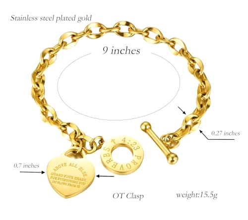 Heart Charm Bracelet Plated 18K Gold/Silver/Rose Gold Bible Scripture Heart Bracelet for Women Jewelry Gift Her Link Chain OT Clasp Stainless Steel - color: 18k Gold（9.1 inch）