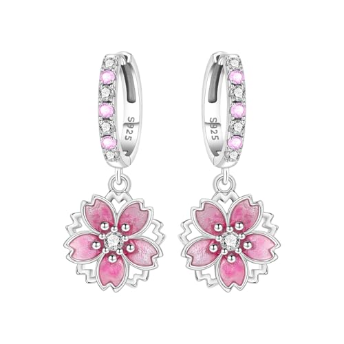 925 Sterling Silver Drop & Dangle Earrings for Women,Butterfly Dragonfly and Bee|Flower and leaf Earrings, Suitable for Sensitive Ears Fashion Jewelry Gift- Hypoallergenic Earrings - color: Cherry blossom