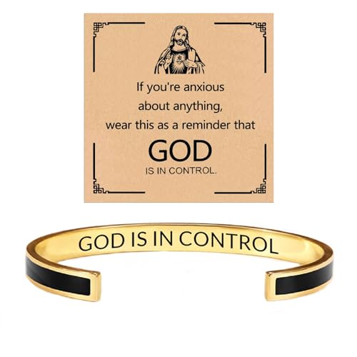 God is in Control Leather Bracelet, Stainless Steel Christian Faith Braided Engraved Bar Bracelets Self Worth Motivation Bracelet Inspirational Friendship Jewelry for Men Women - color: 09Black&Gold