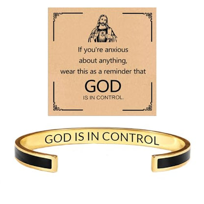 God is in Control Leather Bracelet, Stainless Steel Christian Faith Braided Engraved Bar Bracelets Self Worth Motivation Bracelet Inspirational Friendship Jewelry for Men Women - color: 09Black&Gold