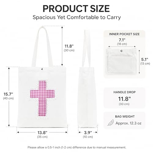Christian Tote Bag Gift for Women, Canvas Bible Bag Handmade Floral Cross - color: White-pink Gingham