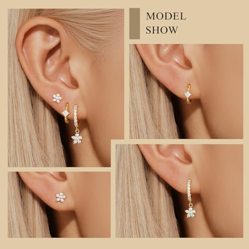 Angelady Gold Hoop Earrings Set for Women, Dainty 14K Gold Plated Flower Moon Cross Dangle Earrings, Hypoallergenic Huggie Hoop Earring Stacks, Stud Earrings for Women Trendy Jewelry Gift - color: Gold1