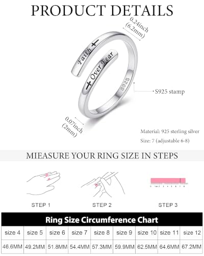 LOVECOM 925 Sterling Silver Faith Over Fear Cross Rings for Women Mother - color: Silver