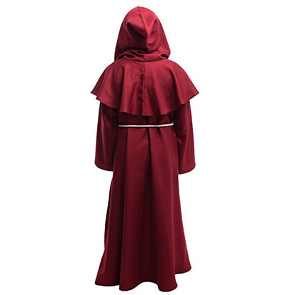 BLESSUME Friar Hooded Robe Monk Renaissance Priest Halloween Medieval Role Play Costume - color: Burgundy Cowl Hat+robe+ Waist Rope+necklace, size: Large