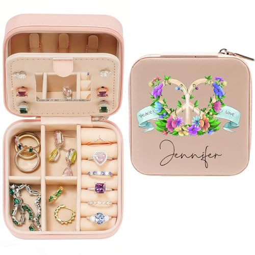 Personalized Travel Jewelry Box with Peace and Love, Custom Jewelry Organizer with Name for Women, Teens - color: Peace and Love - Pink