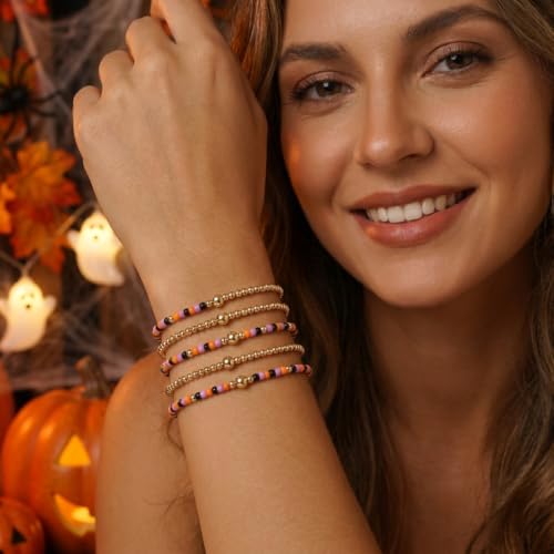 Gold Pearl Beaded Cross Bracelets Stack Set for Women, Boho Handmade Colorful Small Beads Stretchable Jewelry Friendship Summer Trendy Gift. - color: black and orange