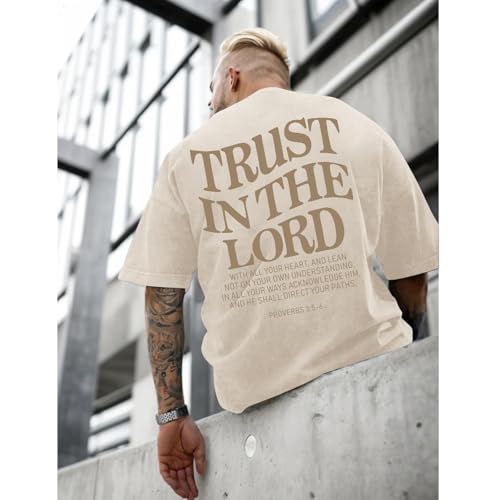 Wrenpies Mens Oversized Christian Shirts God Faith Jesus Religious Tshirts Trust in The Lord Bible Verse Tees Acid Wash Tops - color: Apricot, size: Small