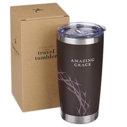 Christian Art Gifts Large Insulated Stainless Steel Vacuum Sealed Travel Mug Tumbler for Men & Women: Amazing Grace Crown of Thorns Design, Leak-Proof Retractable Lid, All Day Hot/Cold, Brown, 18 oz. - color: Brown Crown of Thorns/Amazing Grace