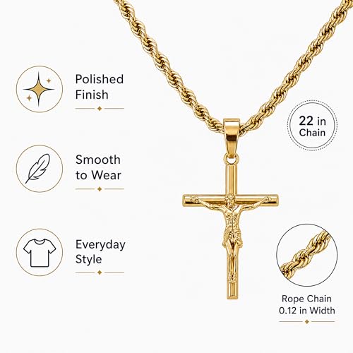Mens Cross Necklace, 18K Gold Plated Crucifix Pendant - color: Gold