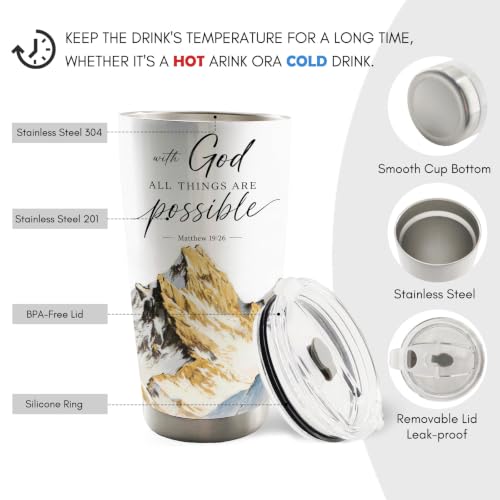 Christian Bible Verse 20oz Travel Coffee Mug Tumbler, Christian Religious Gifts for Women, with God All Things Are Possible Mountain Landscape Stainless Steel Tumbler with Lid and Straw - color: withgod