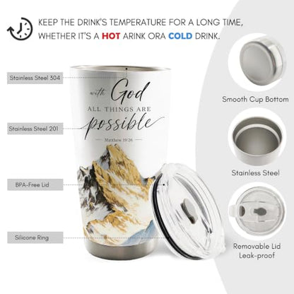Christian Bible Verse 20oz Travel Coffee Mug Tumbler, Christian Religious Gifts for Women, with God All Things Are Possible Mountain Landscape Stainless Steel Tumbler with Lid and Straw - color: withgod