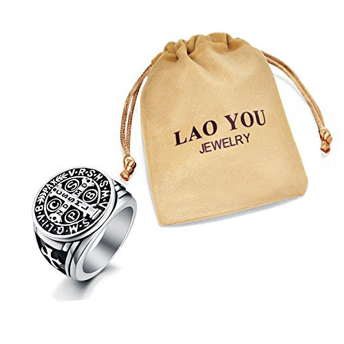 LAOYOU Men's St Benedict Exorcism Ring Stainless Steel Catholic Roman Cross Demon Protection Ghost Hunter