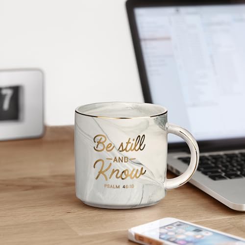 Christian Art Gifts Gray Marbled Ceramic Coffee Mug with Gold Rim – 13 oz. Lead and Cadmium-free Coffee and Tea Mug for Women and Men with Inspirational Bible Verse: Be Still and Know - Psalm 46:10
