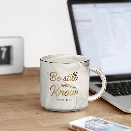 Christian Art Gifts Gray Marbled Ceramic Coffee Mug with Gold Rim – 13 oz. Lead and Cadmium-free Coffee and Tea Mug for Women and Men with Inspirational Bible Verse: Be Still and Know - Psalm 46:10