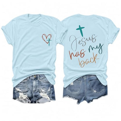 Tuislay Christian Shirts for Women Jesus Has My Back Tshirt God Bible Verse Shirt Faith Cross T Shirts Inspirational Tees Top - color: Light Blue, size: Large