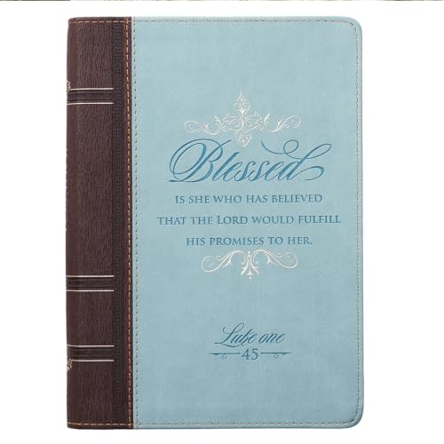 Classic Faux Leather Journal Blessed Is She Luke 1:45 Bible Verse Blue Inspirational Notebook, Lined Pages w/Scripture, Ribbon Marker, Zipper Closure
