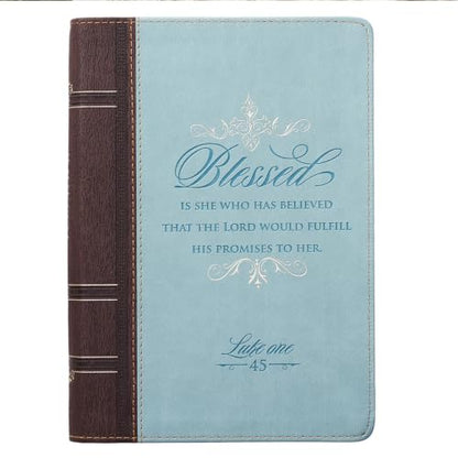 Classic Faux Leather Journal Blessed Is She Luke 1:45 Bible Verse Blue Inspirational Notebook, Lined Pages w/Scripture, Ribbon Marker, Zipper Closure