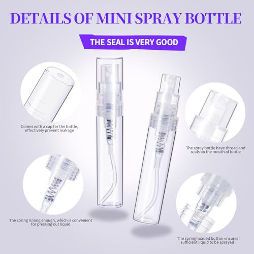 Fandamei 60PCS Mini Spray Bottle, 30PCS 3ml Mini Clear Plastic Spray Bottle Empty with 30PCS 5ml Fine Mist Refillable Mini Perfume Bottle. Small Empty Sample Containers Bottle. - size: 3ml/5ml
