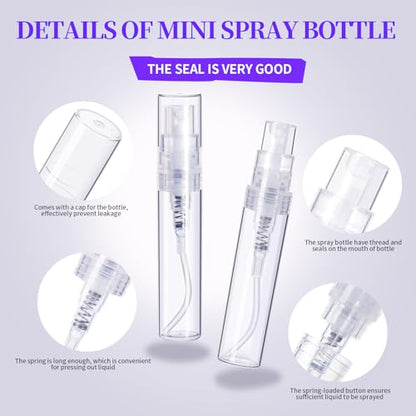 Fandamei 60PCS Mini Spray Bottle, 30PCS 3ml Mini Clear Plastic Spray Bottle Empty with 30PCS 5ml Fine Mist Refillable Mini Perfume Bottle. Small Empty Sample Containers Bottle. - size: 3ml/5ml