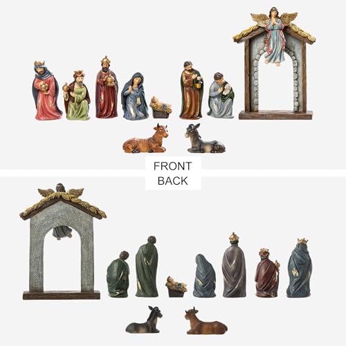 Glitzhome Christmas Nativity Set Indoor 8" Resin Nativity Figurines Set 11 Pcs Removable Angel Statue Multi-Colored Nativity Sets & Figures Christian Holy Family Figure with Baby Jesus - color: Colorful Nativity Set
