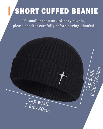 Men's Knitted Skull Cap Cross Embroidered Fisherman Beanie - color: Black