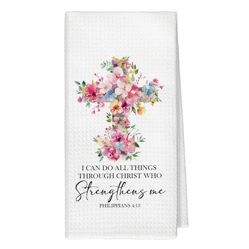Christian Floral Kitchen Towels, I Can Do All Things Through Christ Bible Verse Flower Hand Dish Towels Decor, Christian Gifts for Women Tea Towel for Kitchen Bathroom Decorative, 16x24 Inch - color: Cross