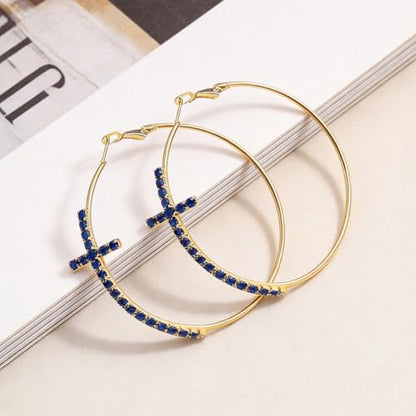 Large Cross Hoop Earrings for Women Sparkly Rhinestone Statement Jewelry for Prom Wedding Party Night Out Accessories Shiny Silver Tone Fashion Dangle Earings - color: Blue