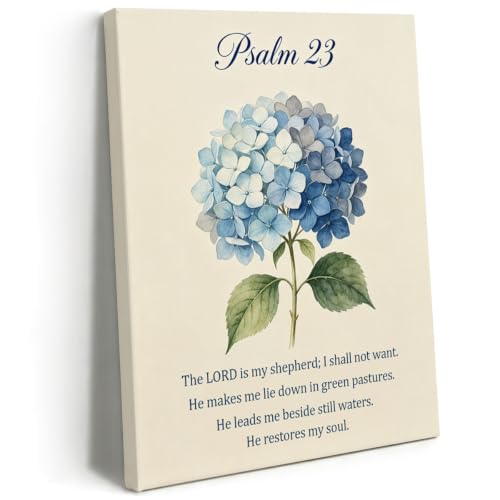 BEASTZHENG Psalm 23 Blue Hydrangea Canvas Wall Art Christian Bedroom Decor - color: Psalm 23