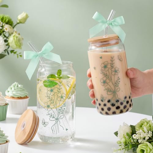 2 Pcs Floral Glass Cups Cute Flower Iced Coffee Cup With Lids and Straws - style: Sage Green Floral