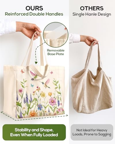 Miss Adola Cute Extra Large Canvas Grocery Tote Bag - color: Flower & Hummingbird
