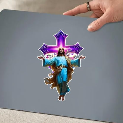 2 Pack Jesus Christ Purple Cross Car Decals, 3.54"x5.51" Waterproof & UV Resistant Vinyl Religious Sticker for Bumper Window, Christian Wall Art Decor for Home - BD187