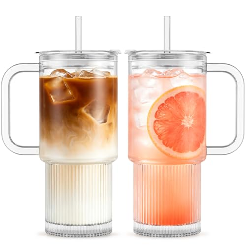 INSETLAN 24oz Glass Tumbler with Handle & Lid – 2-Pack Large Iced Coffee Cups with Straws, Modern Glass Mug for Cold & Hot Beverages, Aesthetic Glass Cups for Smoothies, Tea, and Juice - color: Clear
