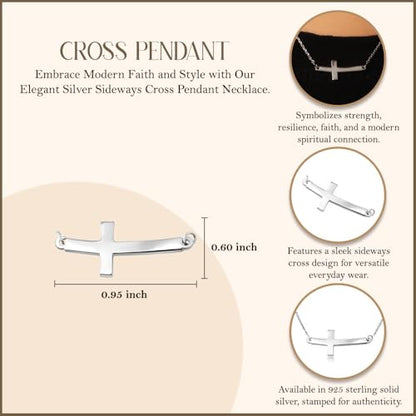 .925 Sterling Silver Sideways Horizontal Curved Cross Bar Style Necklace