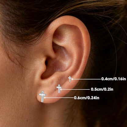 3pcs Cross Stud Earrings, 3 Size Flat Back Cross Stud Cartilage Piercing Jewelry for Women Men - color: Silver