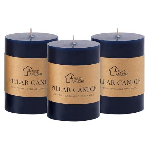 3x4 Inch Navy Blue Pillar Candles Set of 3 - Unscented Pillar Candles - color: Navy Blue, size: 3x4