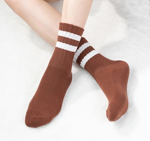BomKinta Womens Striped Crew Socks Retro Above Ankle Cotton Sock Size 5-10 - color: 3 Pairs-light Khaki Dark Khaki Reddish Brown