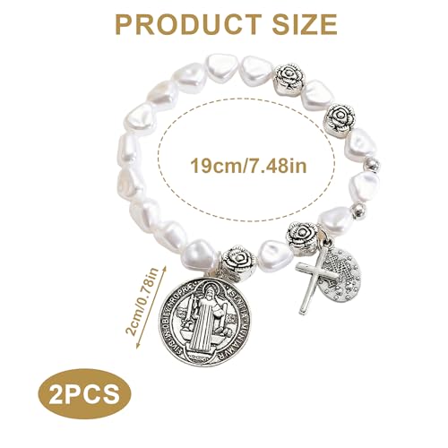 2 Pack San Benito Bracelet for Women, Silver Tone Saint Benedict Medal Stretch Rosary Beads (Zinc Alloy), Catholic Religious Protection Jewelry Gift, Small Size 4.6cm Elastic