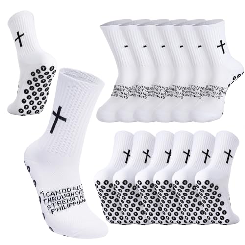 Men Cross Grip Soccer Socks with Bible Verse, 6 Pairs, Size 7-11 - color: Philippians 4:13 - White