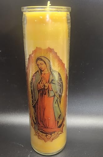 100% USA Quality Authentic Beeswax Devotional Candle, Our Lady of Guadalupe Glass Prayer Candle, 8" H x 2.25" W, 100 Hours Burning time.