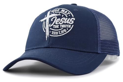 The Way The Truth The Life Trucker Hat for Men Women, Adjustable Embroidered Jesus Christian Baseball Cap - color: Navy