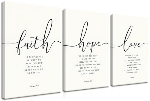 Farmhouse Bible Verses Wall Decor for Living Room - Minimalist Christian Scripture Wall Art Set of 3, Faith Hope Love Canvas Prints Religious Decor for Bedroom Office 16x24 inch Framed - color: White, size: 24"L x 16"W