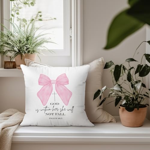 Coquette Pink Bow Christian Pillow Cover 18x18 Inch, Preppy Pink Bow Religious Throw Pillow Cover, Bible Verse Decorative Pillowcase for Girly Room Bedroom Couch - color: Pink Bow
