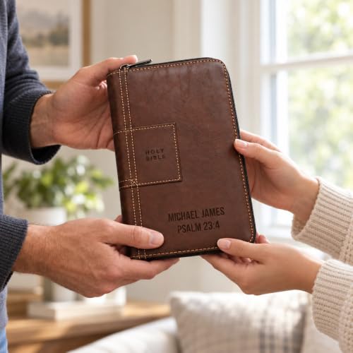Printualist Personalized NLT Zippered Thinline Reference Bible, Engraved Name and Scripture, Red Letter New Living Translation Text, Faux Leather Gift for Travel and Church, Atlas Rustic Brown - color: Atlas Rustic Brown