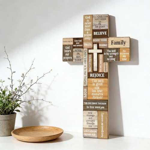 VGE Wooden Cross Wall Decor, 11.8x7.8 Inch Farmhouse Christian Cross for Home Church Office, Rustic Faith Hope Love Wall Art, Easy Self-Adhesive Mount Religious Baptism Confirmation Housewarming Gift