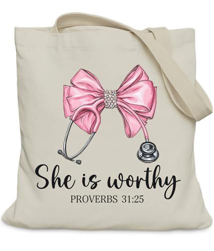 Aesthetic Christian Gifts Tote Bag for Church, Religious Tote Bag for Bible Study, Medium Size with Inner Pocket - color: Worthy