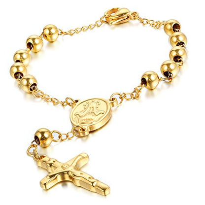 Cupimatch Religious Stainless Steel Beaded Rosary Cross Charm Bracelet for Men Women 8.6", Gold (Silver) for Mother's Day - color: Gold